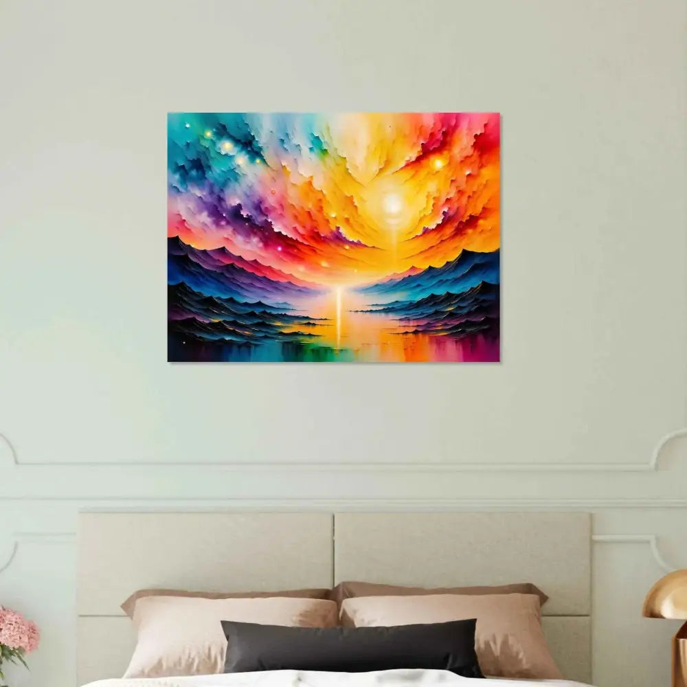 Aluminum Print Radiant Horizon PixiOnyx Luminous Masterpiece sunset over water and mountains