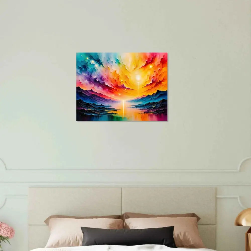 Vibrant landscape painting of a sunset over water on Aluminum Print Radiant Horizon PixiOnyx