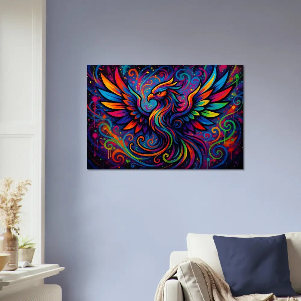 Colorful phoenix artwork on Neon Flame aluminum print for psychedelic graffiti wall decor