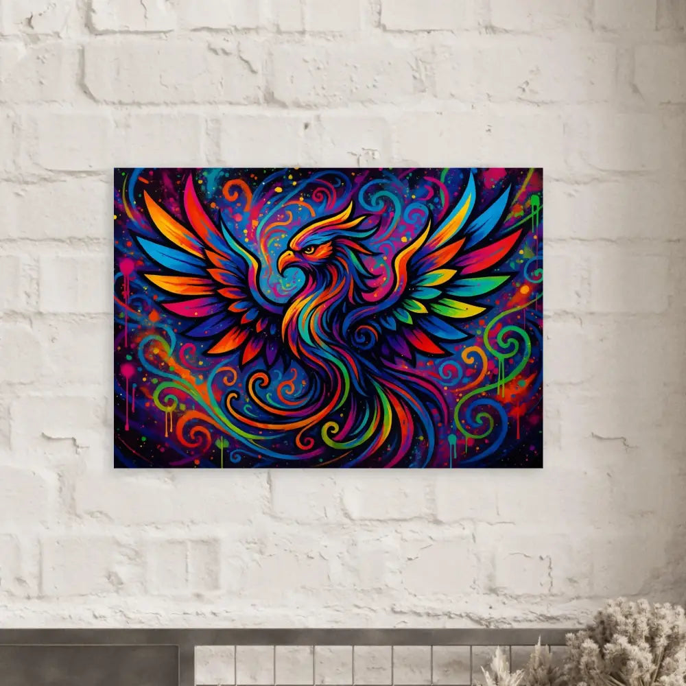 Colorful phoenix painting displayed on Neon Flame Aluminum Print by PixiOnyx
