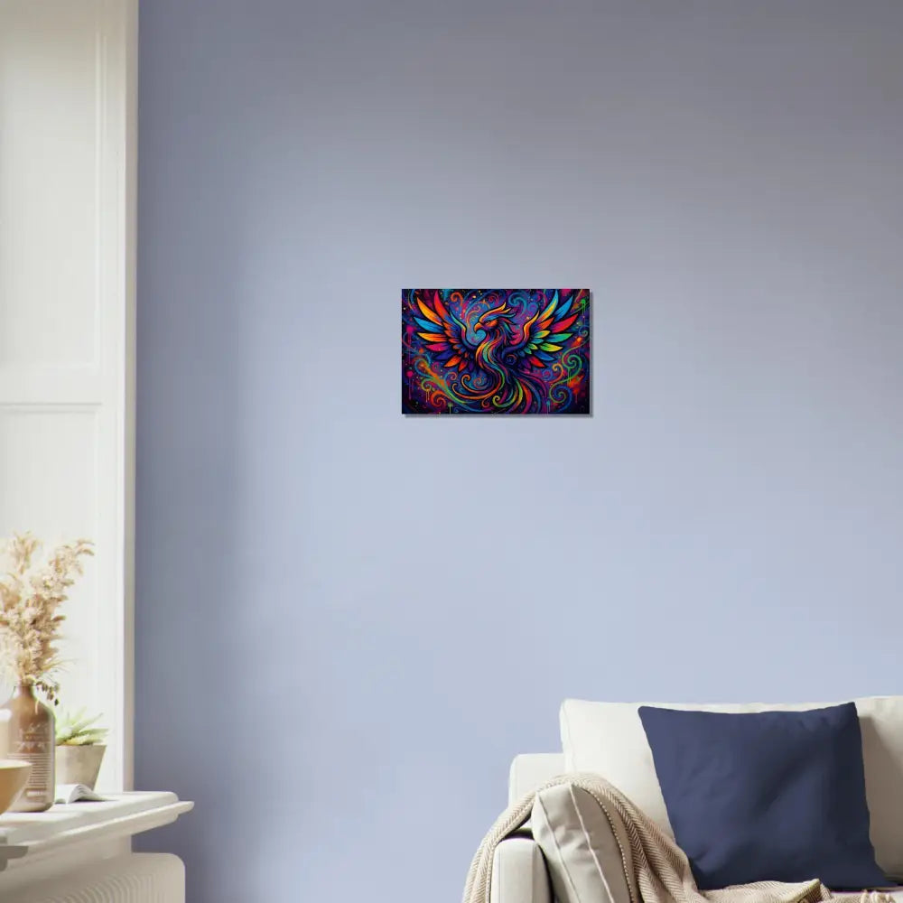 Colorful phoenix artwork on Aluminum Print Rebirth in Neon Flame PixiOnyx Metal Art