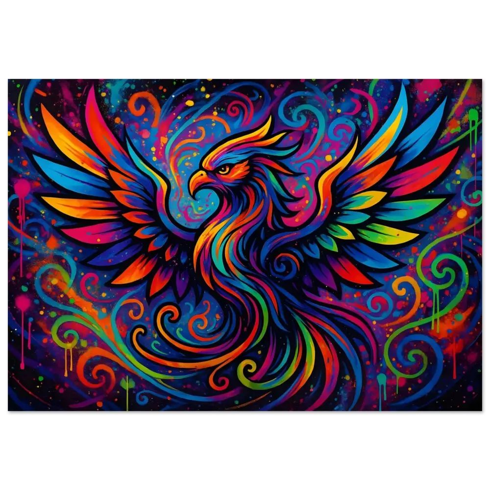 Colorful phoenix artwork on Neon Flame Aluminum Print by PixiOnyx Abstract Graffiti Metal Art