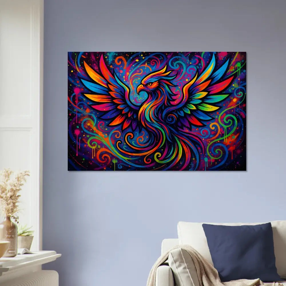 Colorful phoenix artwork on metallic Aluminum Print Rebirth in Neon Flame PixiOnyx