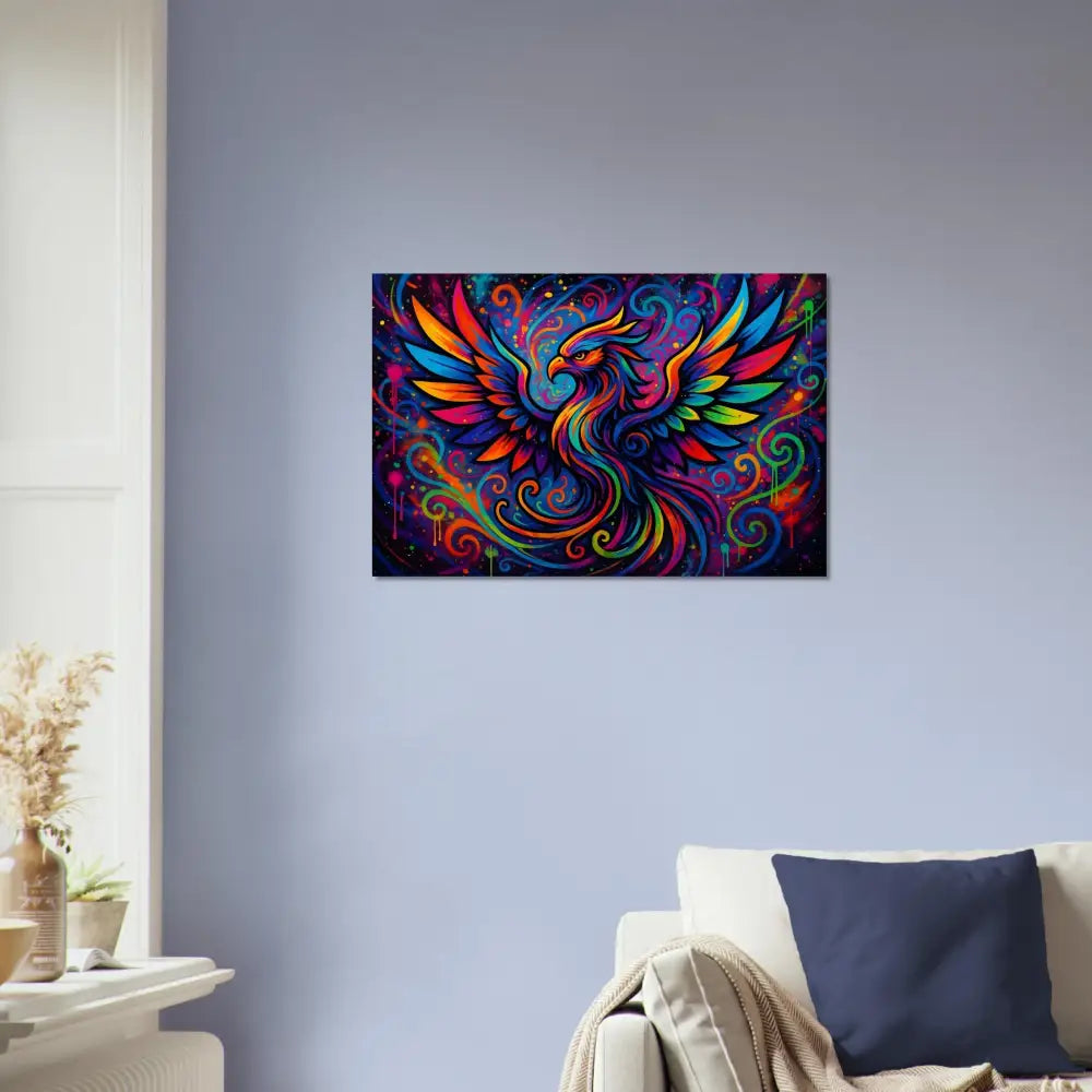 Colorful phoenix artwork on Aluminum Print Rebirth in Neon Flame PixiOnyx Abstract Psychedelic Metal Art