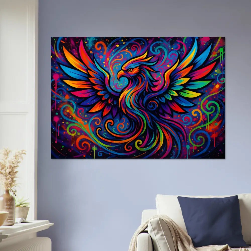 Colorful Phoenix Artwork Aluminum Print Rebirth in Neon Flame PixiOnyx Metal Art