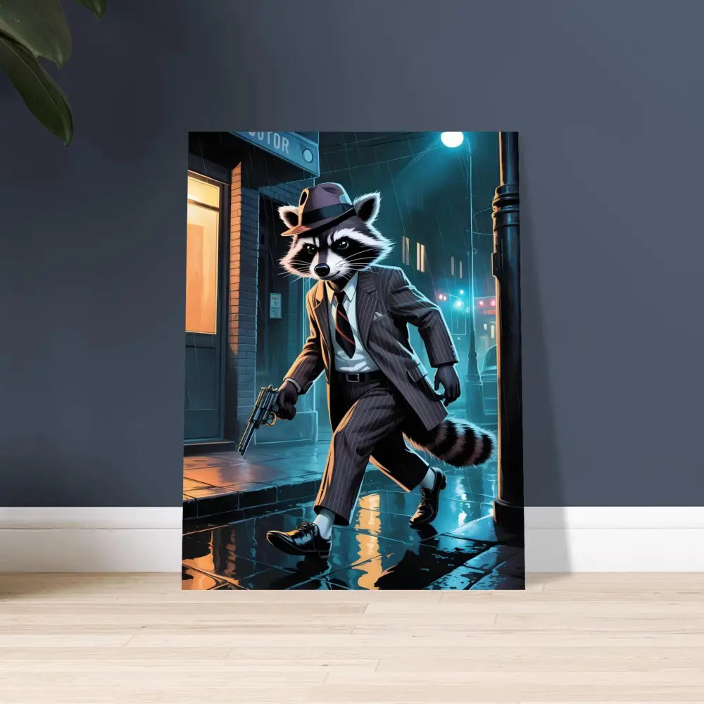 Raccoon gangster art print on aluminum titled Rogue Raccoon Noir Alley Swagger by PixiOnyx