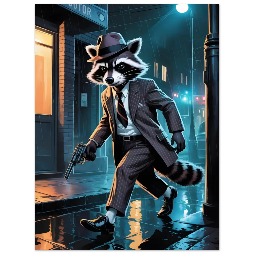 Raccoon mobster with a gun displayed on Aluminum Print Rogue Raccoon Noir Alley Swagger PixiOnyx Metal