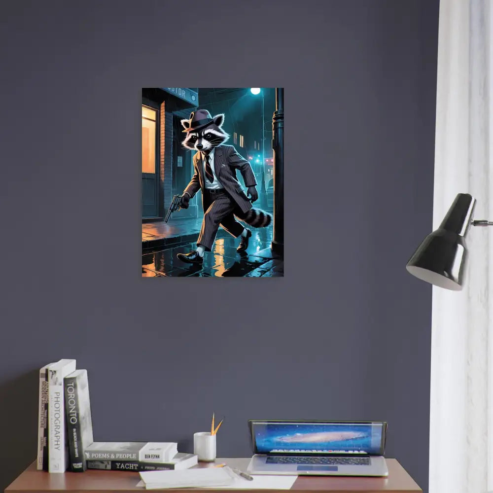 Aluminum print featuring Raccoon gangster art from Rogue Raccoon Noir Alley Swagger collection