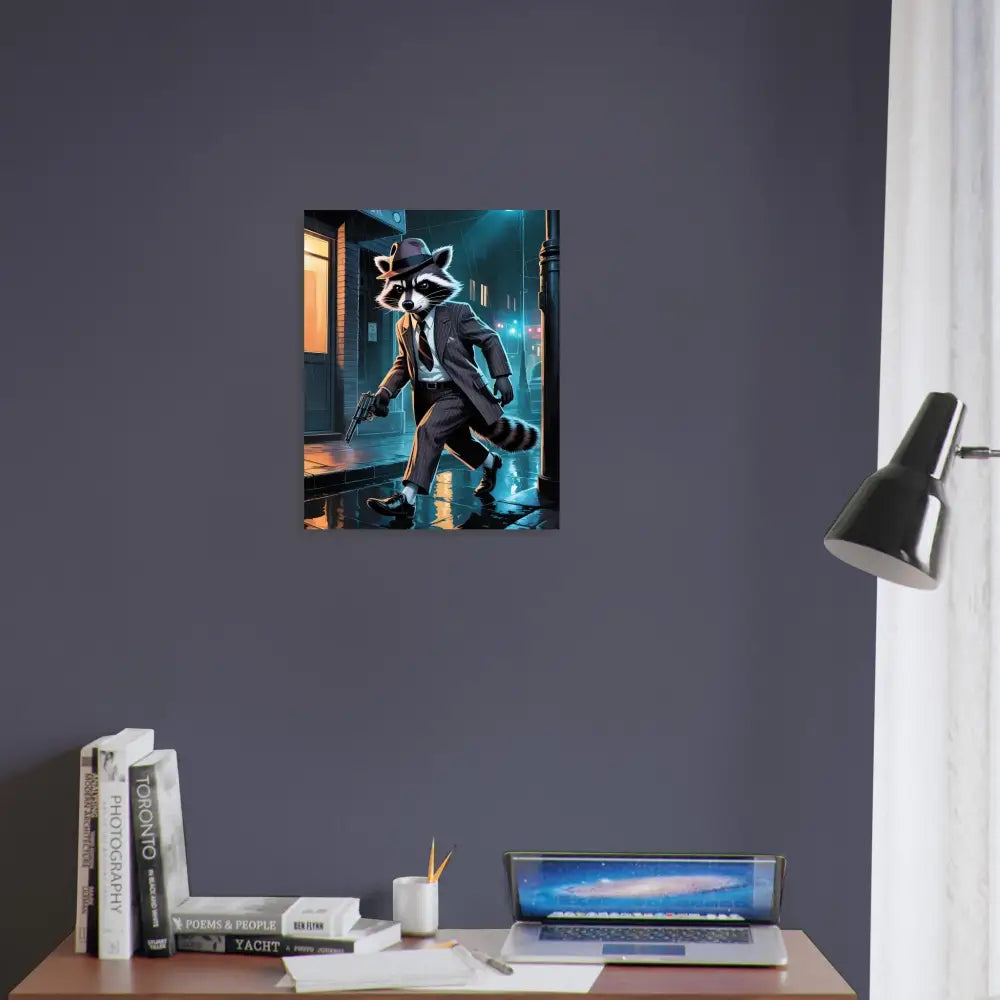 Framed raccoon gangster art Aluminum Print Rogue Raccoon Noir Alley Swagger PixiOnyx Urban Metal