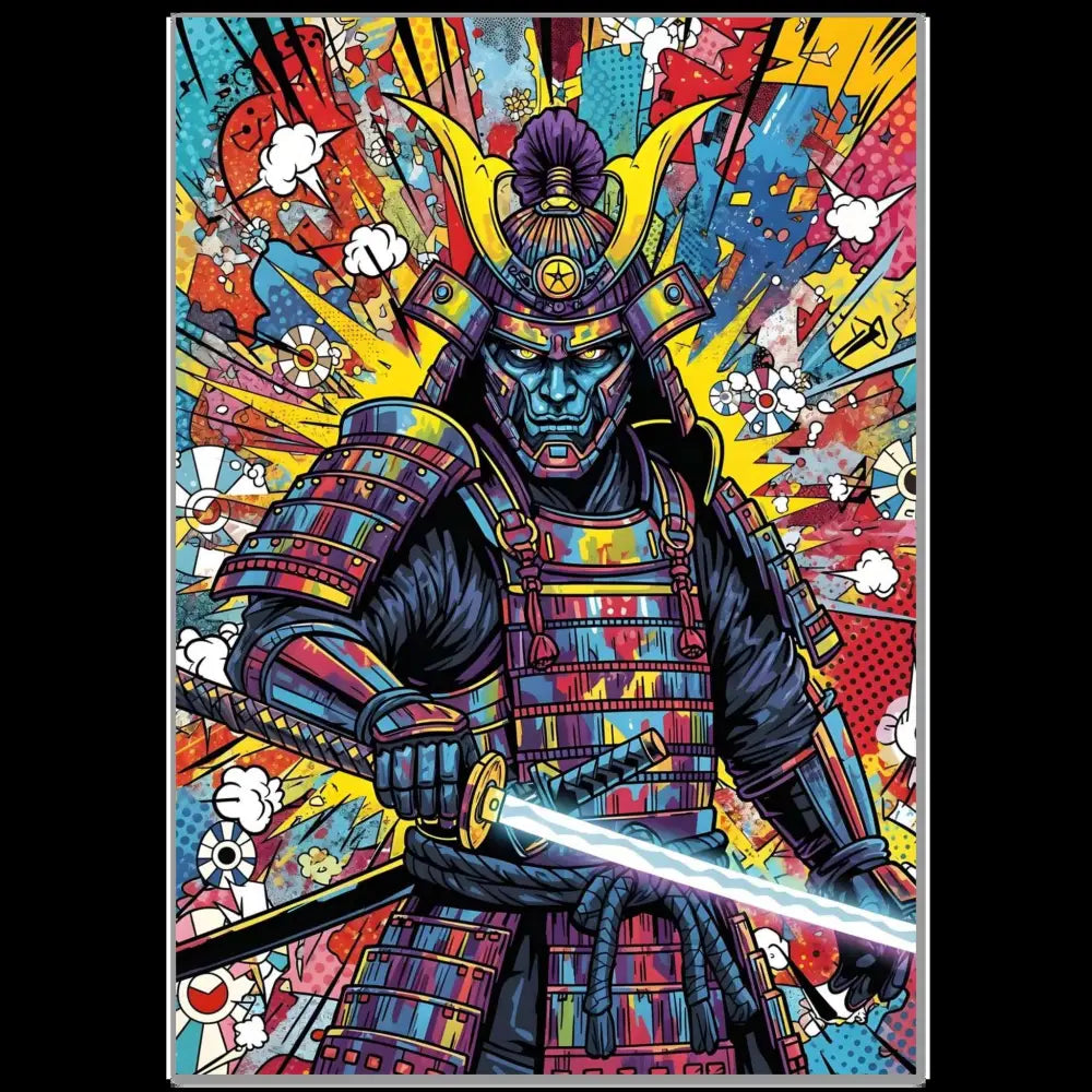Vibrant pop-art style samurai splash aluminum print with luminous color durable finish