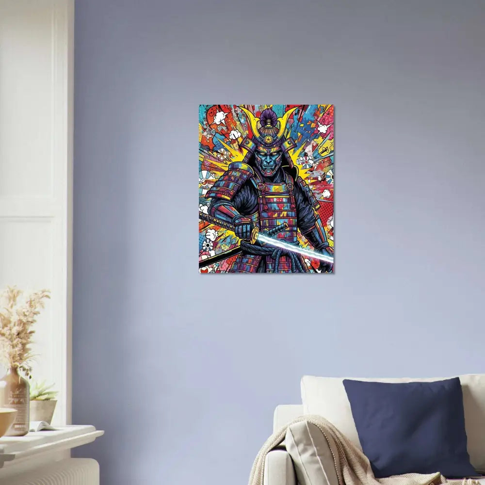 Colorful Samurai Splash art print with glowing katana showcasing luminous color and durability