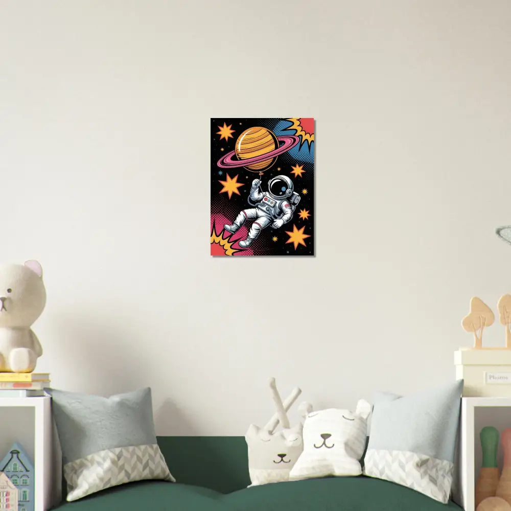 Vibrant astronaut floats near Saturn on brushed aluminum canvas with rich UV color print