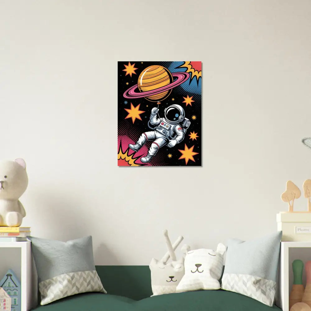 Colorful space-themed aluminum print featuring astronaut floats with planet-shaped balloon and stars