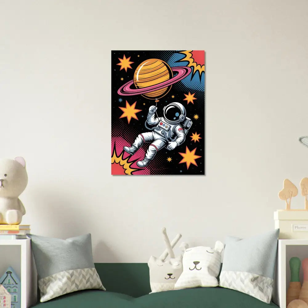 Colorful brushed aluminum canvas art of an astronaut floating with a Saturn balloon in rich UV color