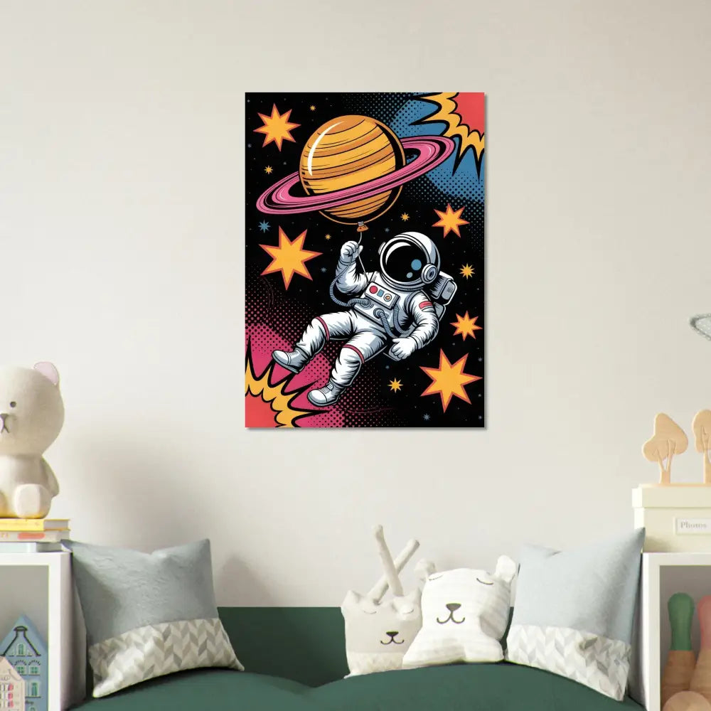 Colorful pop art canvas print of an astronaut floating near Saturn on brushed aluminum with rich UV color