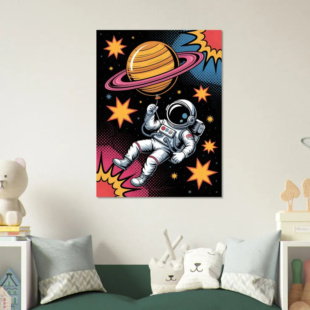 Aluminum print of astronaut floats with Saturn balloon in vibrant cartoon outer space background