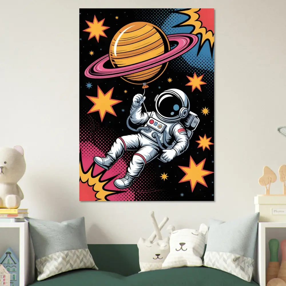 Pop art astronaut floats with planet-shaped balloon on brushed aluminum with rich UV color