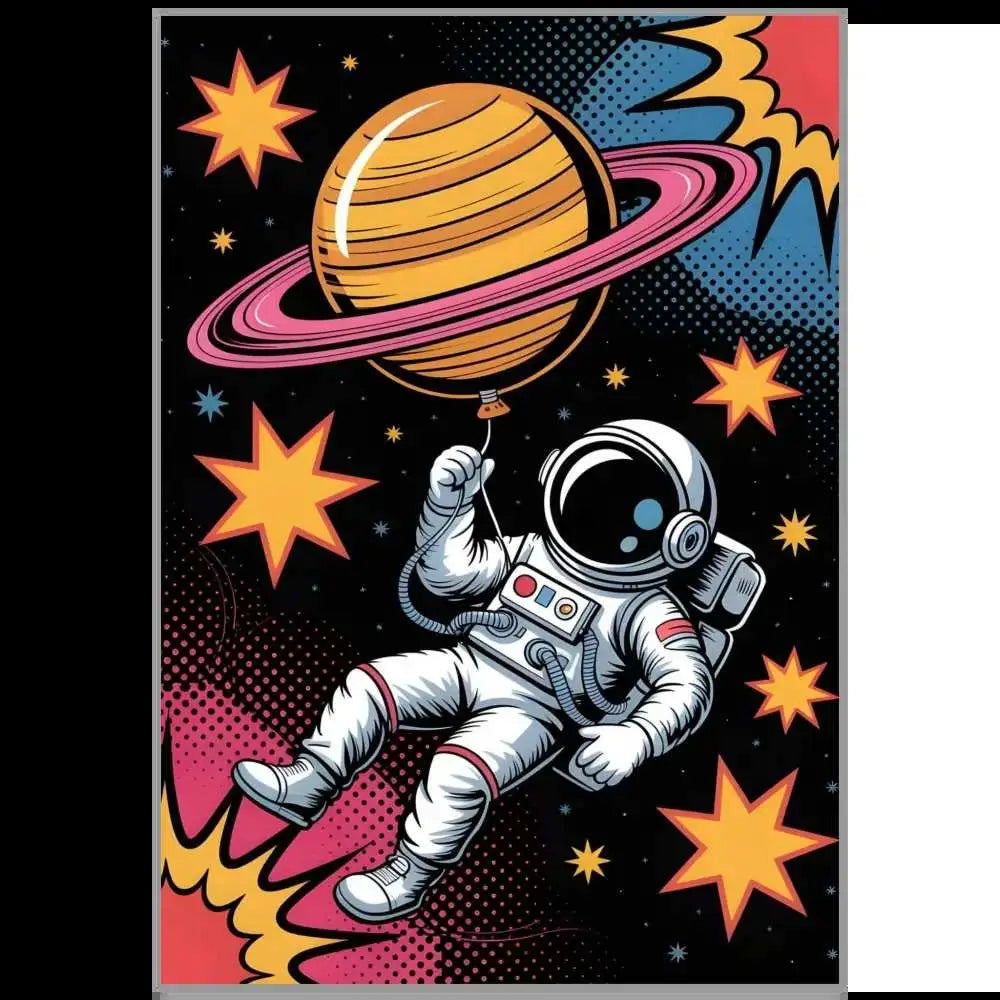 Astronaut floats holding a planet-shaped balloon on brushed aluminum with rich UV color