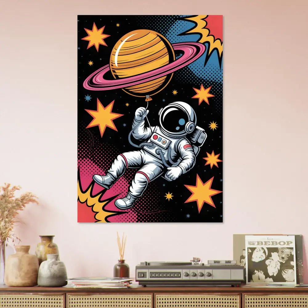Vibrant brushed aluminum canvas print of astronaut floating with Saturn balloon in space