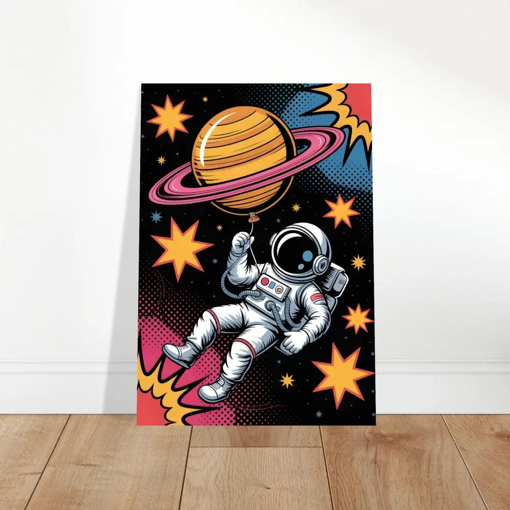 Vibrant astronaut floats in space with Saturn-shaped balloon on brushed aluminum print with rich UV color