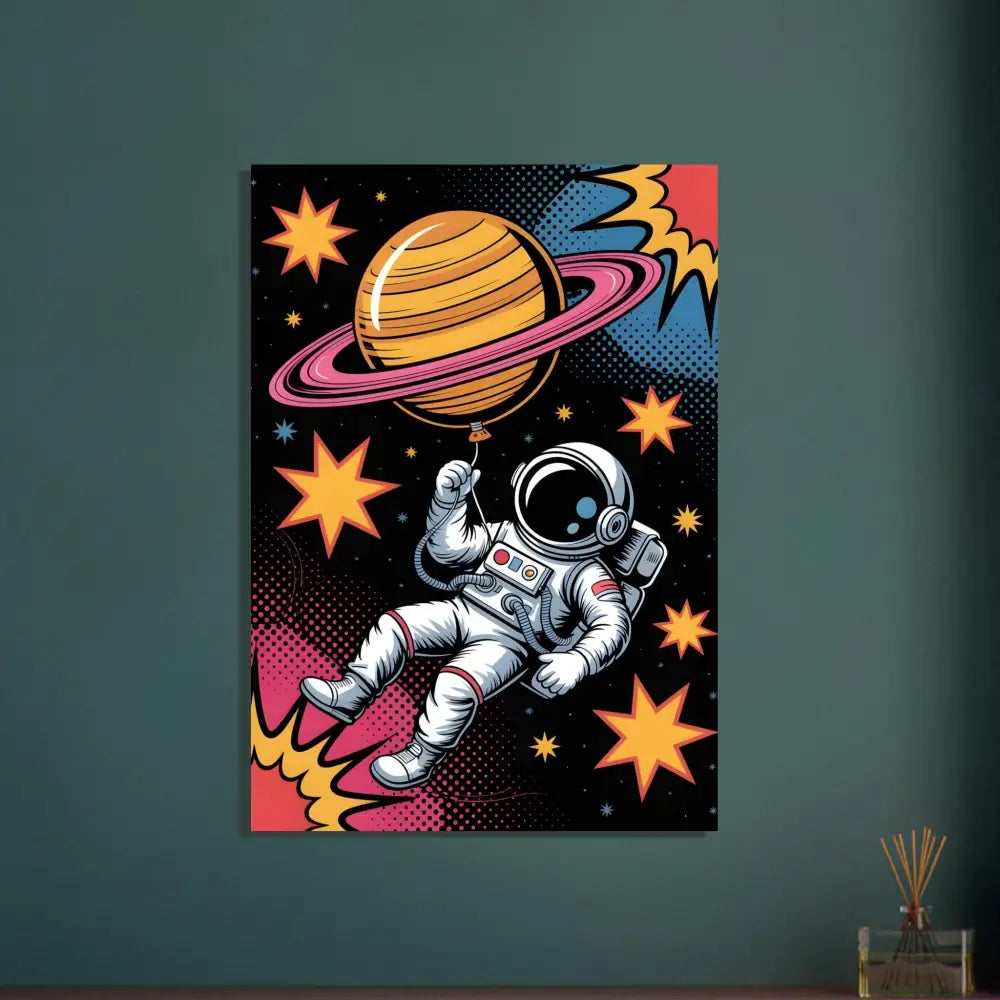 Vibrant brushed aluminum astronaut floats holding planet-shaped balloon with rich UV color backdrop