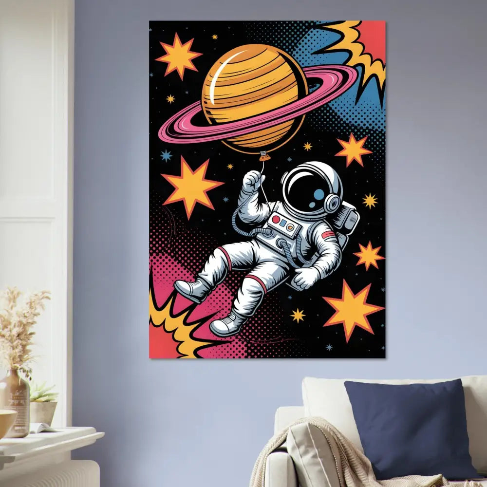Vibrant astronaut floats holding planet-shaped balloon on brushed aluminum canvas print with rich UV color