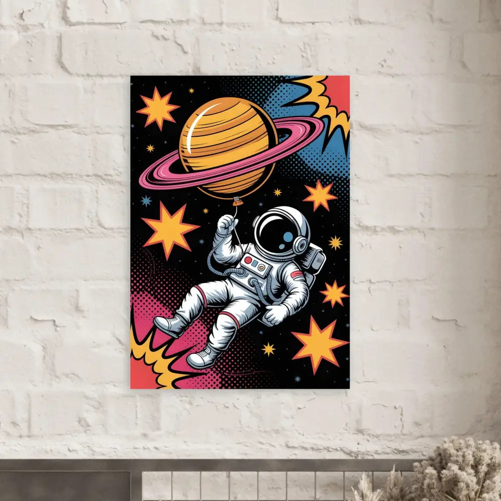 Brushed aluminum astronaut floats holding Saturn balloon in vibrant UV color pop art print