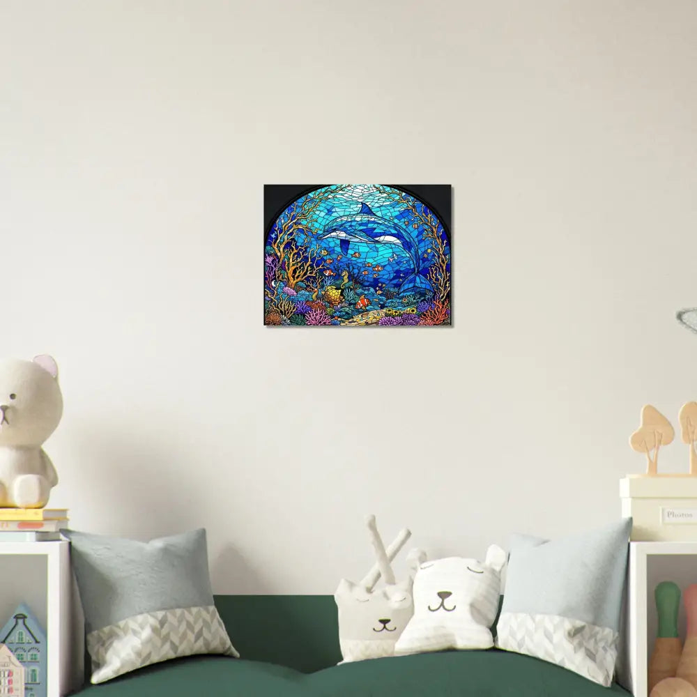 Colorful dolphin stained glass art on Aluminum Print Sea Cathedral PixiOnyx Oceanlight Relic