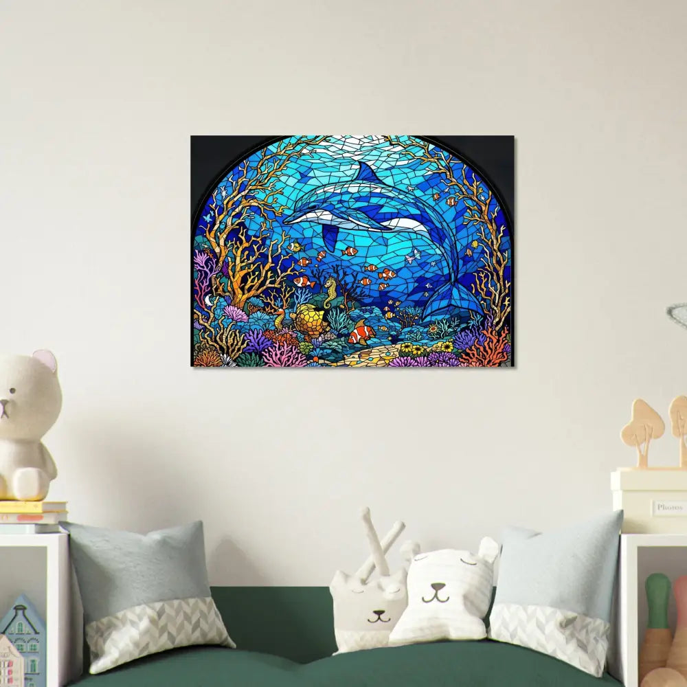 Stained glass dolphin artwork on Aluminum Print Sea Cathedral PixiOnyx Oceanlight Relic