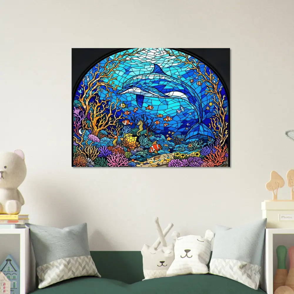 Stained glass dolphin artwork on Aluminum Print Sea Cathedral PixiOnyx Oceanlight Relic