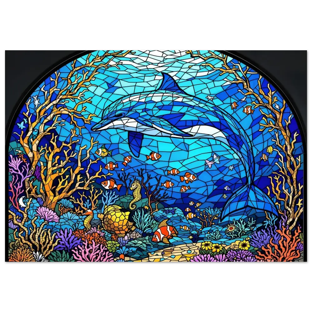 Stained-glass dolphin scene on Aluminum Print Sea Cathedral PixiOnyx Oceanlight Relic