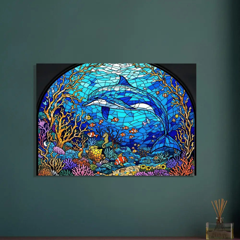 Stained-glass dolphin artwork on Aluminum Print Sea Cathedral PixiOnyx Oceanlight Relic