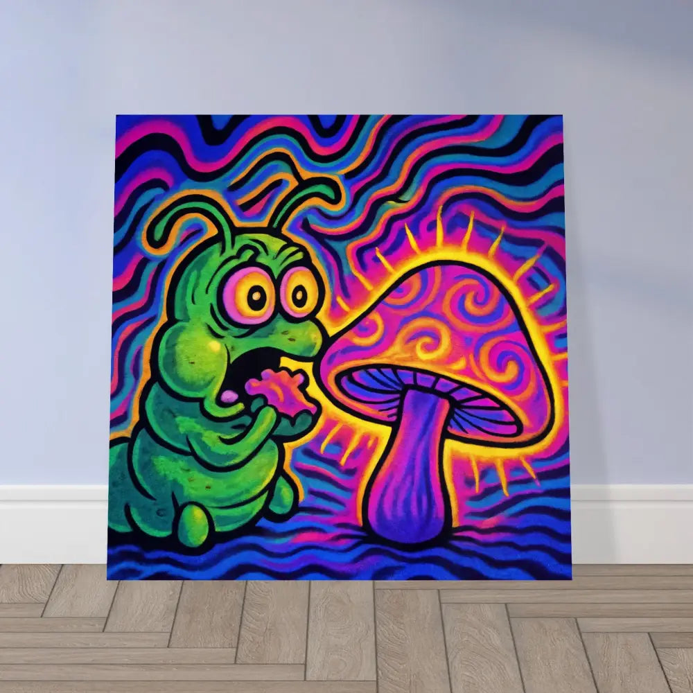 Psychedelic caterpillar and mushroom art on Aluminum Print Shroomapillar Snack Attack PixiOnyx