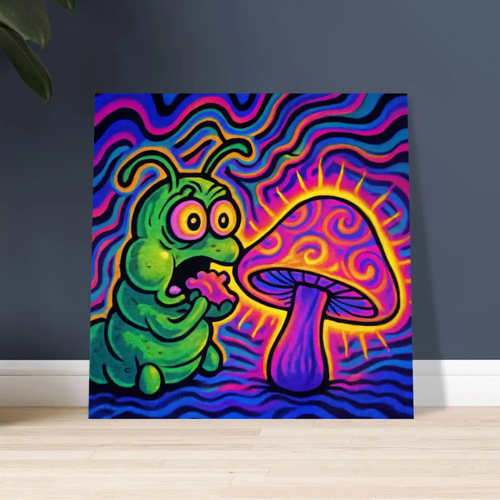 Psychedelic caterpillar and mushroom art displayed on Shroomapillar Snack Attack Aluminum Print