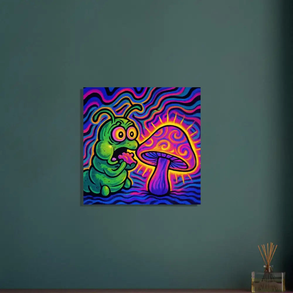 Psychedelic caterpillar and mushroom art on metallic aluminum print at PixiOnyx