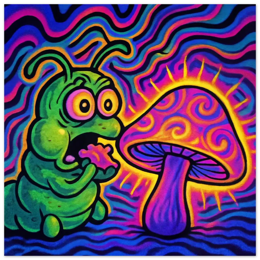 Psychedelic caterpillar and mushroom Aluminum Print Shroomapillar Snack Attack PixiOnyx Metallic Surrealism