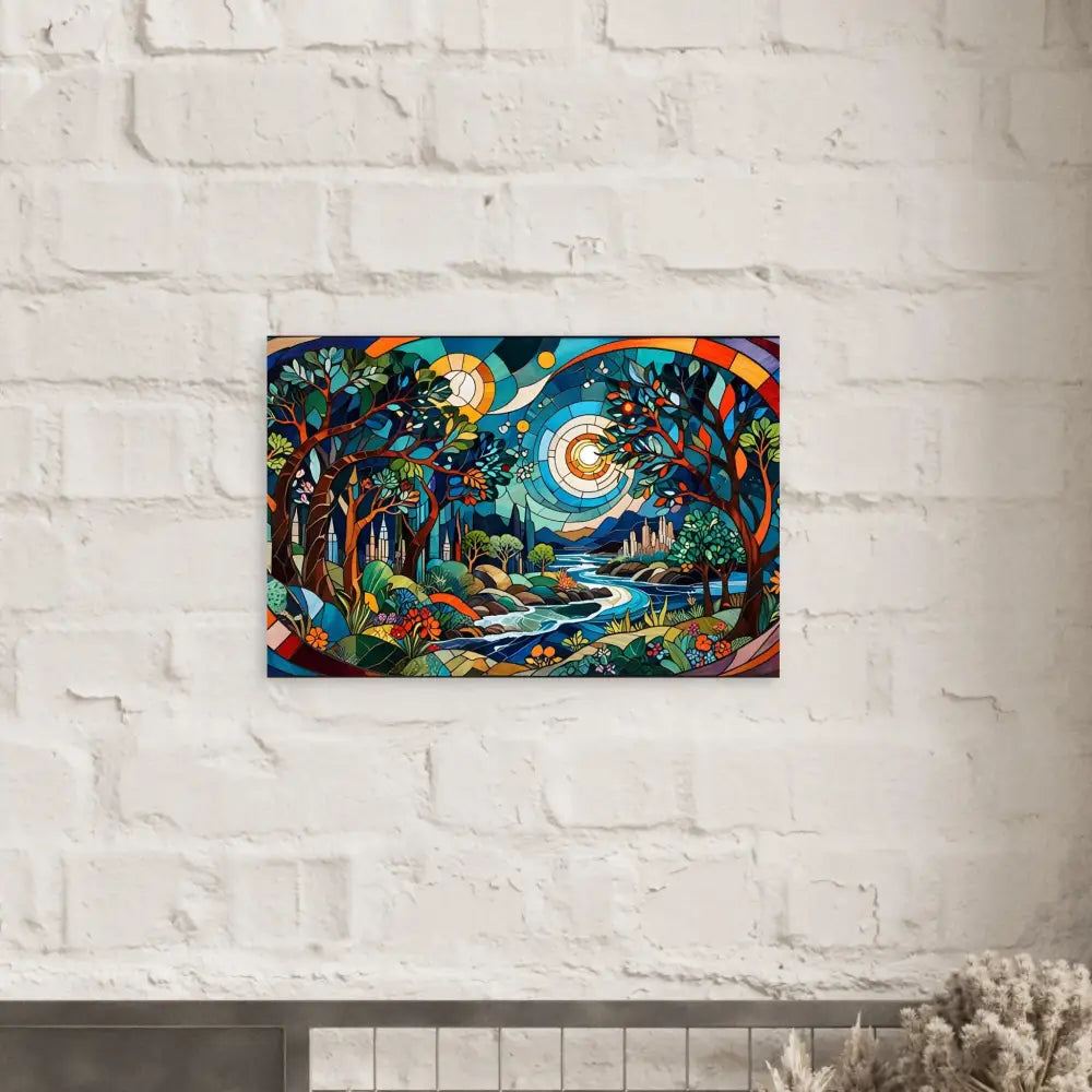 Colorful stained-glass landscape painting on Aluminum Print Stained Horizon by PixiOnyx