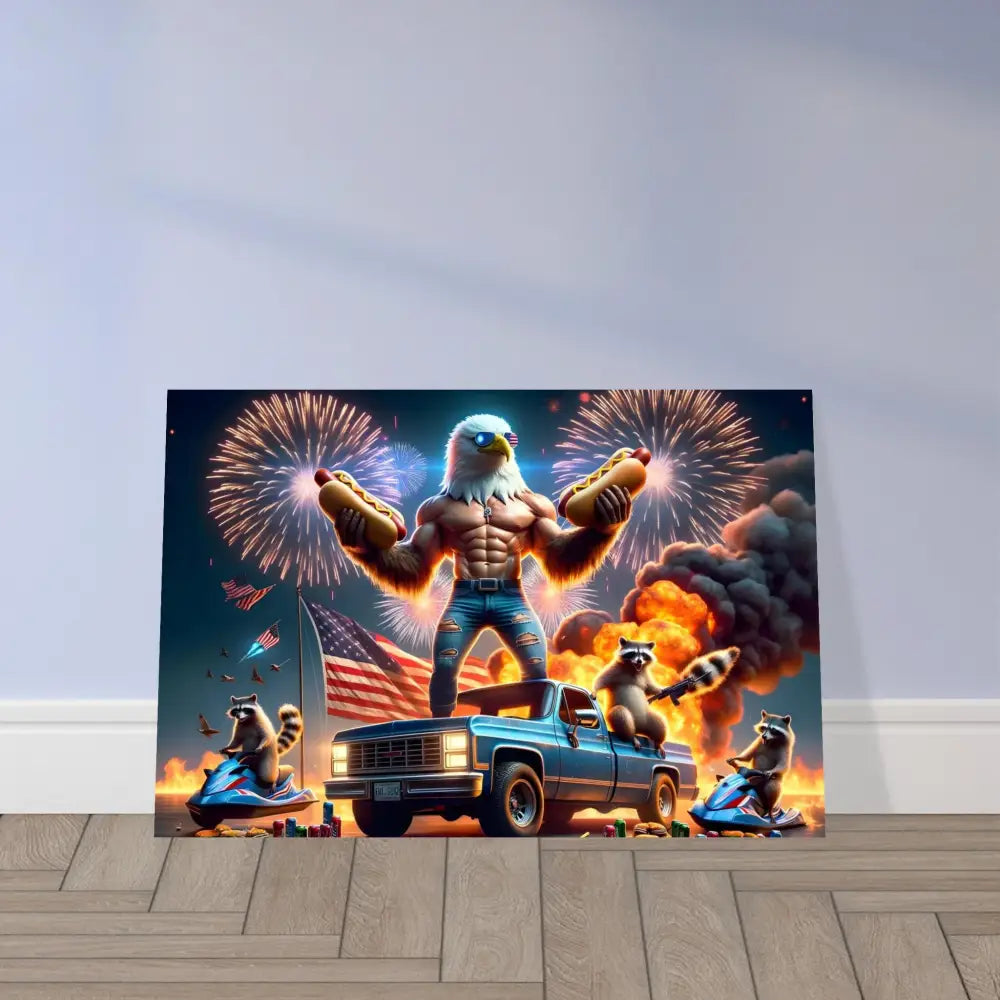 Humorous patriotic artwork on Aluminum Print Stars Stripes Flaming Hot Dogs PixiOnyx Metallic