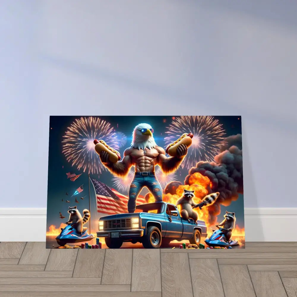 Patriotic eagle-themed artwork on Aluminum Print Stars Stripes Flaming Hot Dogs PixiOnyx Metallic