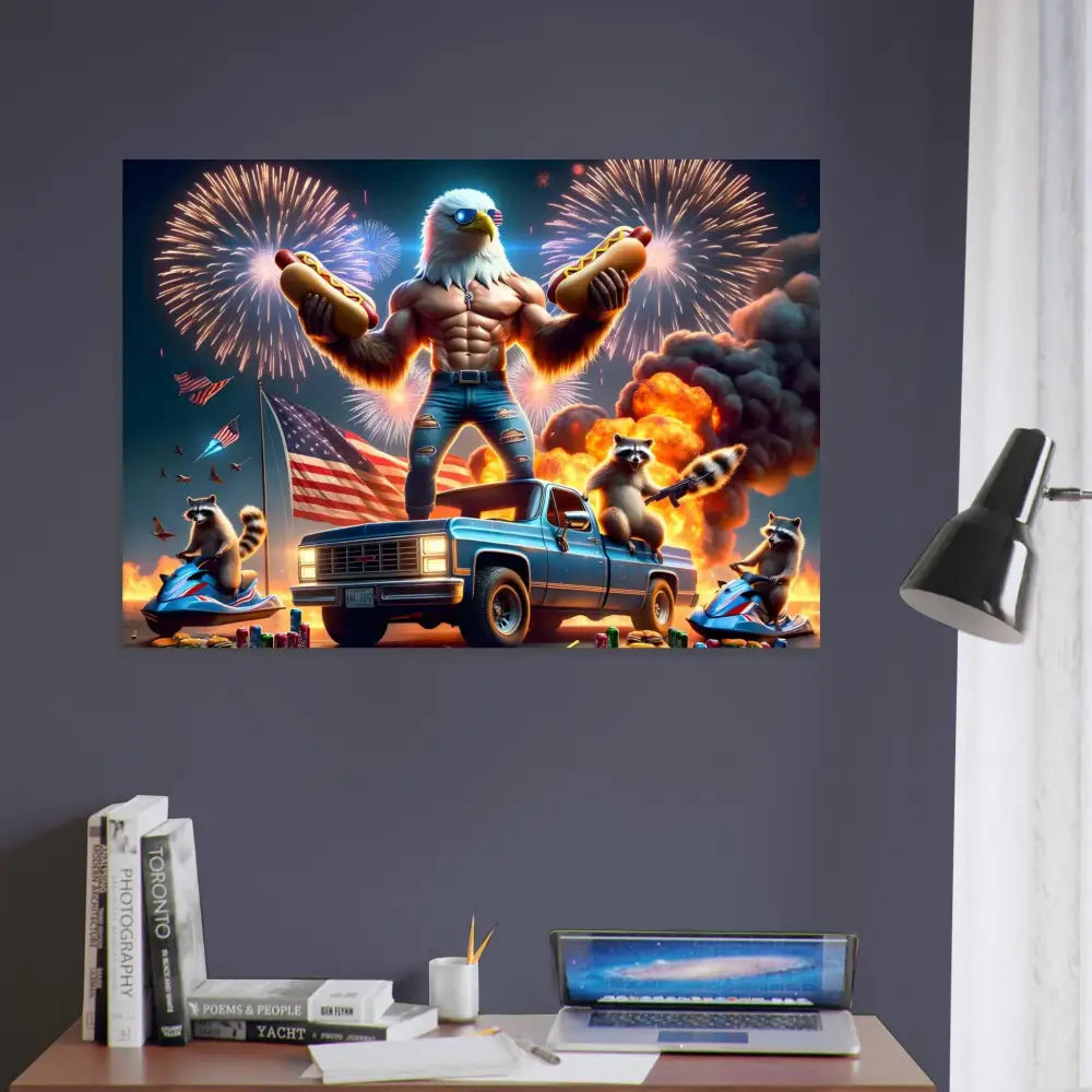 Patriotic eagle-themed poster on Aluminum Print Stars Stripes Flaming Hot Dogs PixiOnyx Metallic
