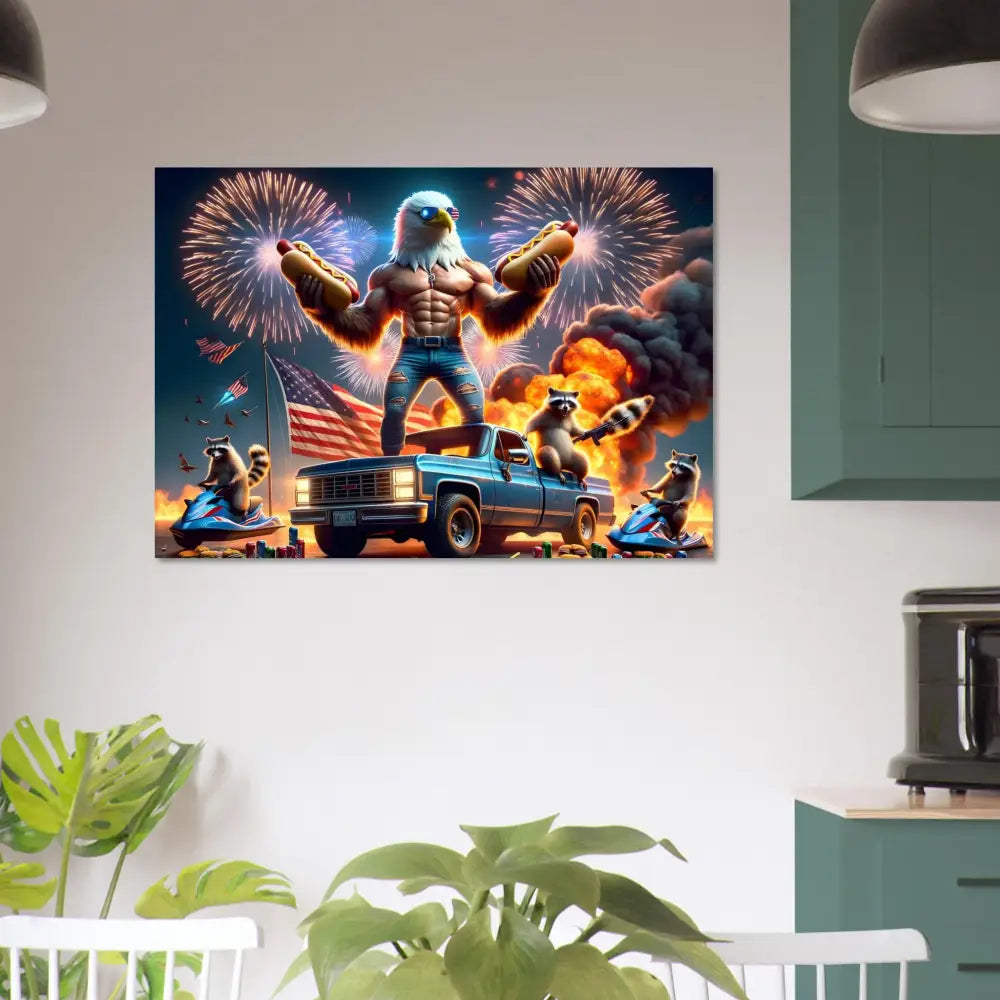 Humorous patriotic artwork on aluminum print in PixiOnyx Metallic Series featuring stars, stripes, and flaming hot dogs