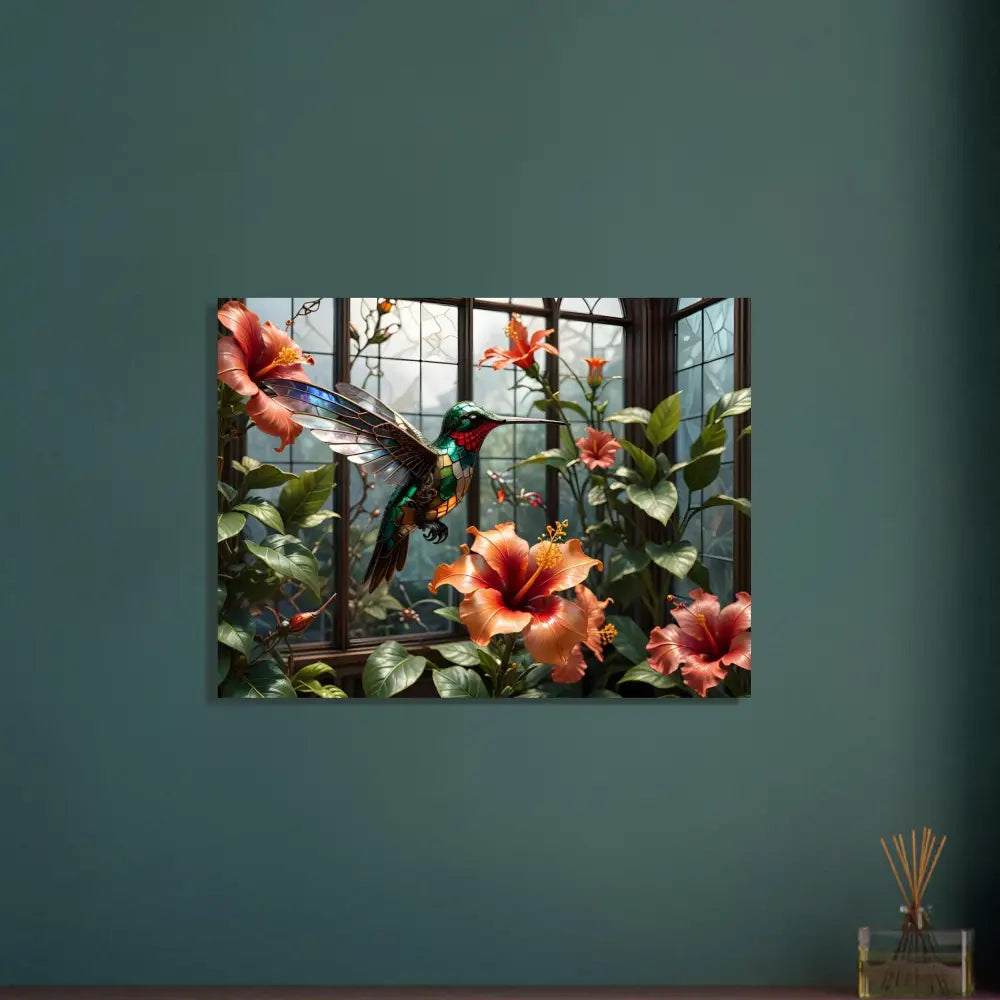 Hummingbird and hibiscus floral artwork on Aluminum Print Steampunk Hummingbird Nature Panel