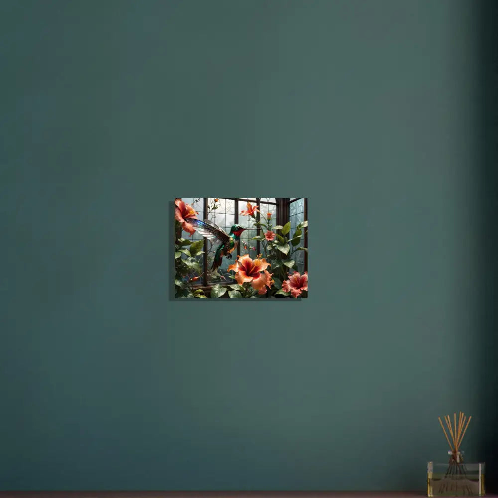 Hummingbird and hibiscus artwork on aluminum print for Steampunk Hummingbird Nature Panel