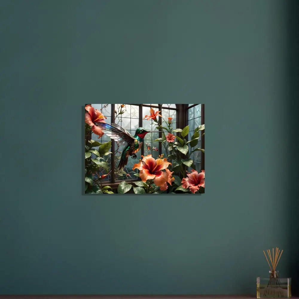 Hummingbird and hibiscus floral art on Aluminum Print Steampunk Hummingbird Nature Panel