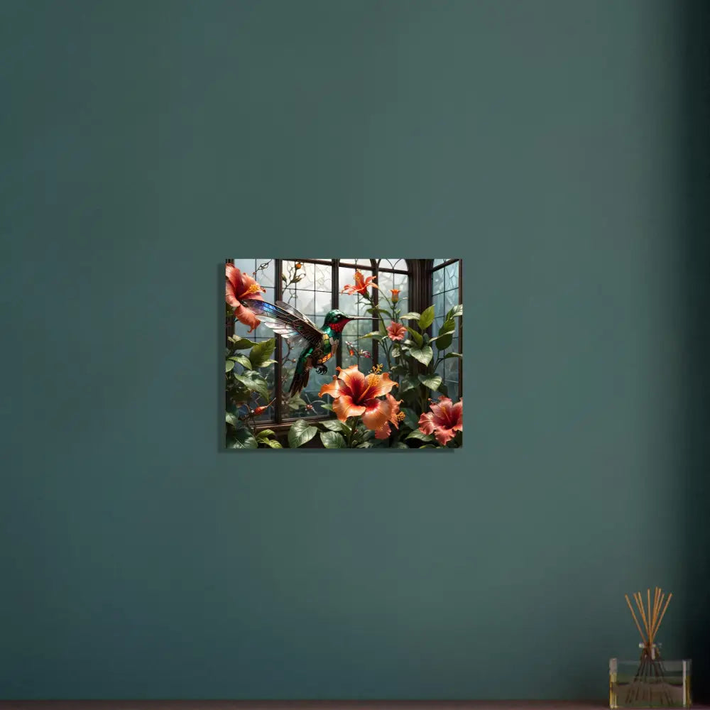 Hummingbird and hibiscus floral art on Aluminum Print Steampunk Hummingbird Nature Panel