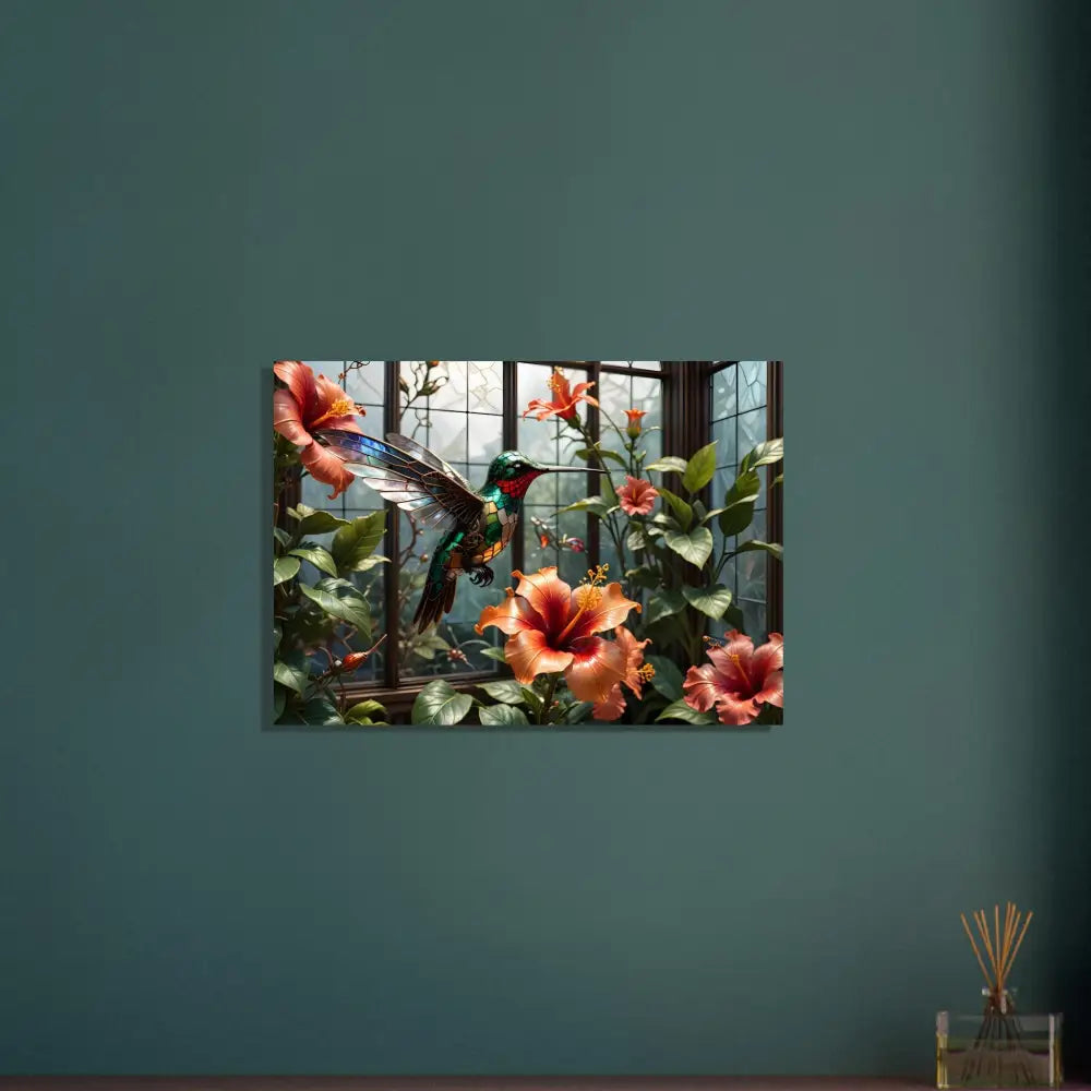 Hummingbird and hibiscus floral art on Aluminum Print Steampunk Hummingbird Nature Panel