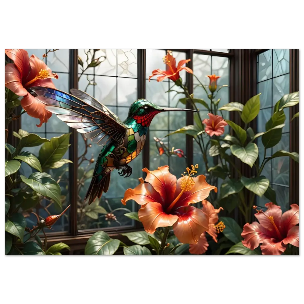 Stained glass hummingbird with hibiscus flowers on Aluminum Print Steampunk Hummingbird Nature Panel