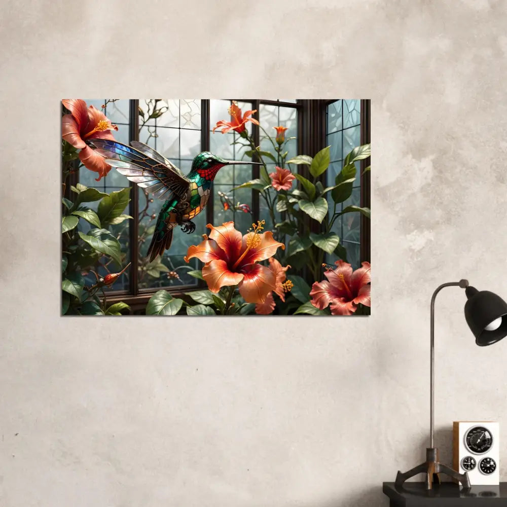 Hummingbird and hibiscus floral art on Aluminum Print Steampunk Hummingbird Nature Panel