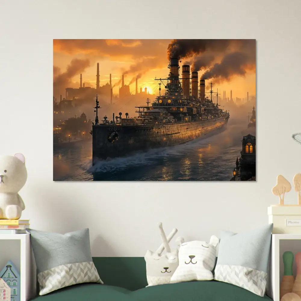 Aluminum print of battle-borne beast rendered as steampunk battleship at sunset in industrial city
