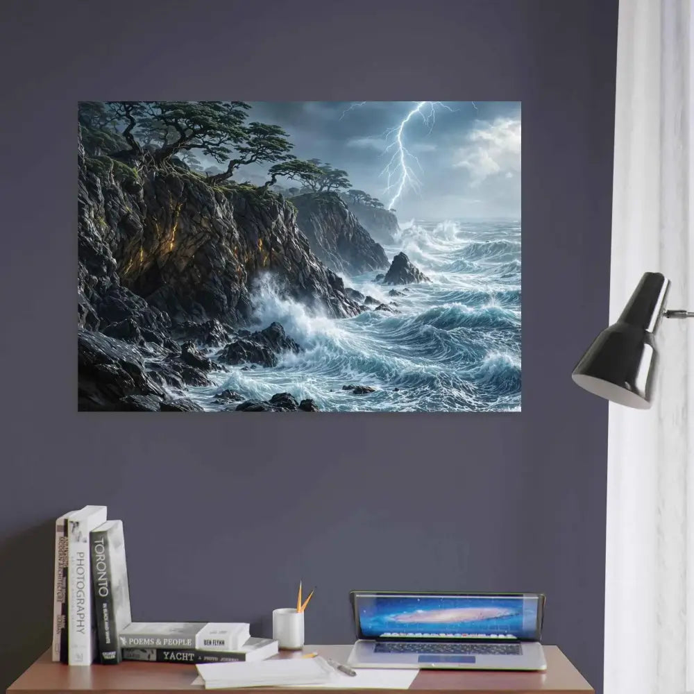 Stormy sea with crashing waves and lightning on a smooth aluminum panel by PixiOnyx Elemental Metalworks